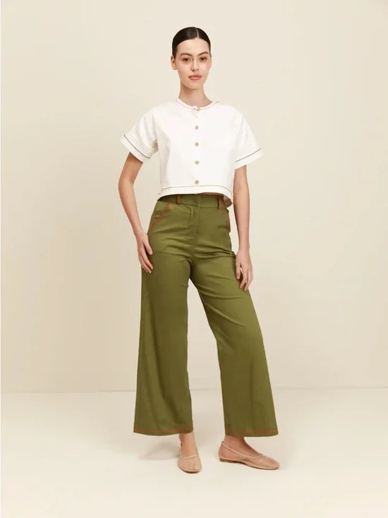 PROJECT ADAMO Profeta Pants in Olive Green w/ Orange Rick Rack Size Large VGUC - Picture 2 of 8